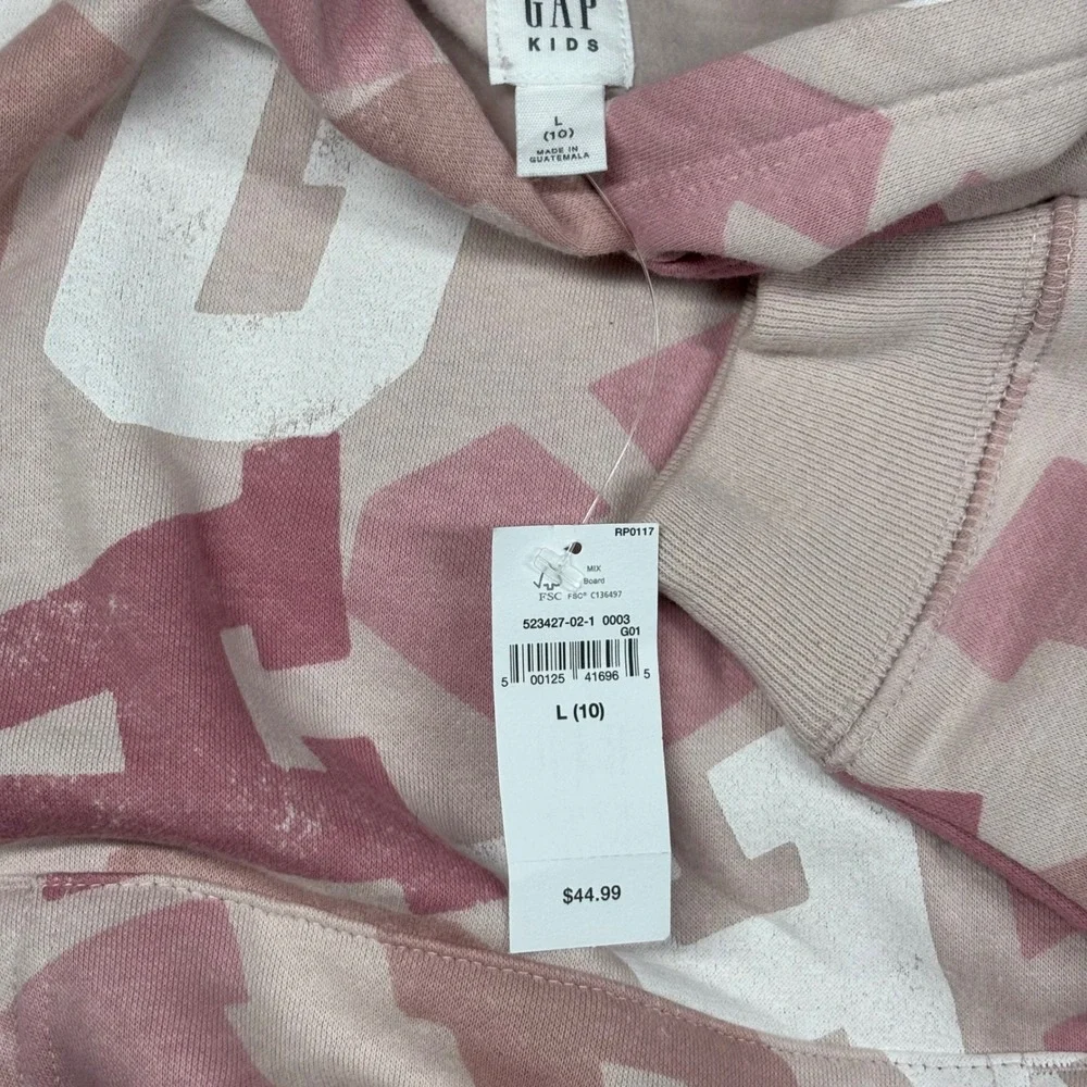 GAP Kids Allover Logo Pullover Hoodie Sweatshirt Pink Girls Large(10) Pocket NWT